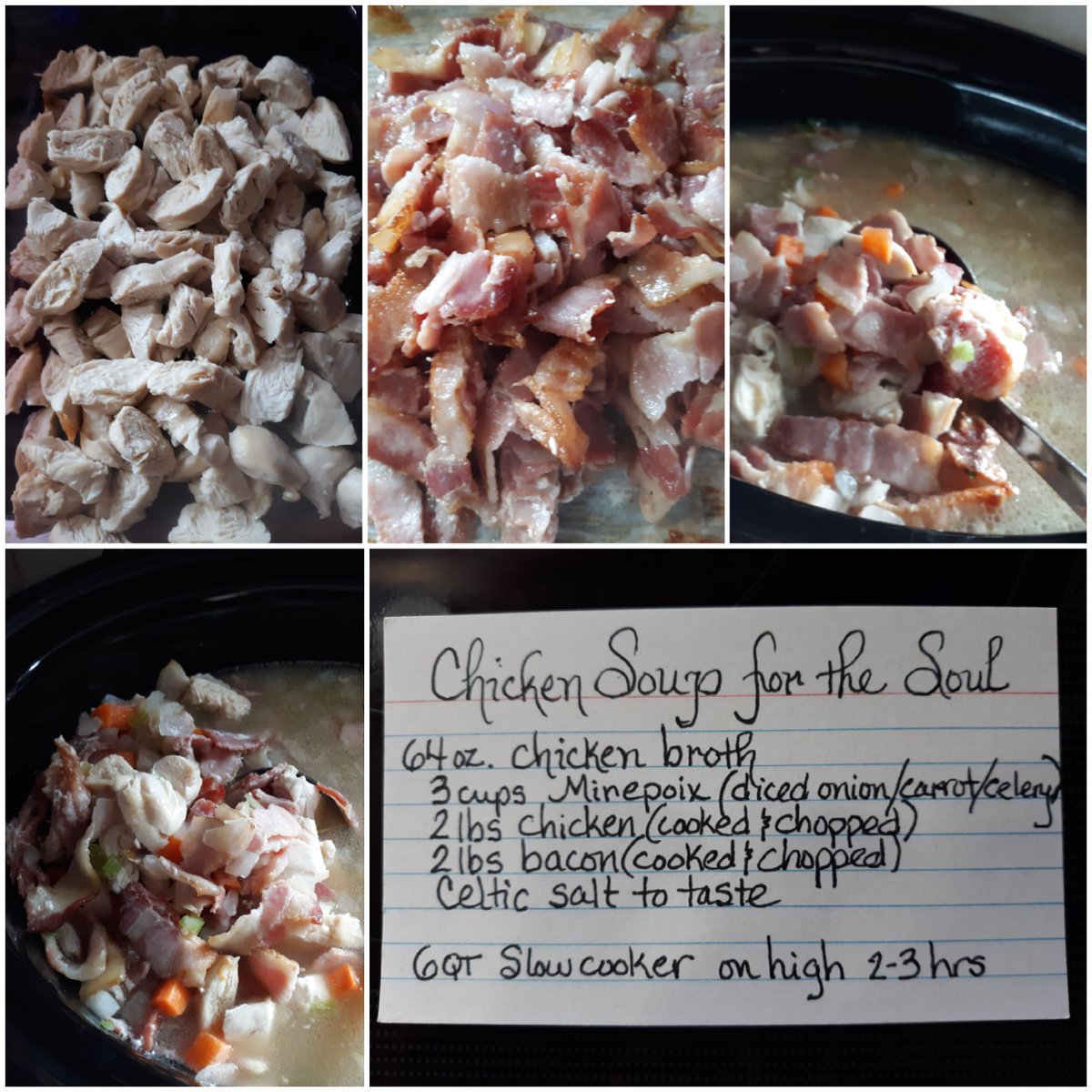 ValerieAnne1970's tweet photo. Dear Husband cut his work trip short from illness.
He told me the only thing that sounded good was my Chicken & Bacon Soup.
Healing broth, high protein/choline to clear brain fog.
7 ingredients, 5 carbs/2 cup serving.
#nsng #lchf #keto #meatheals https://t.co/qaqiS5NGVZ