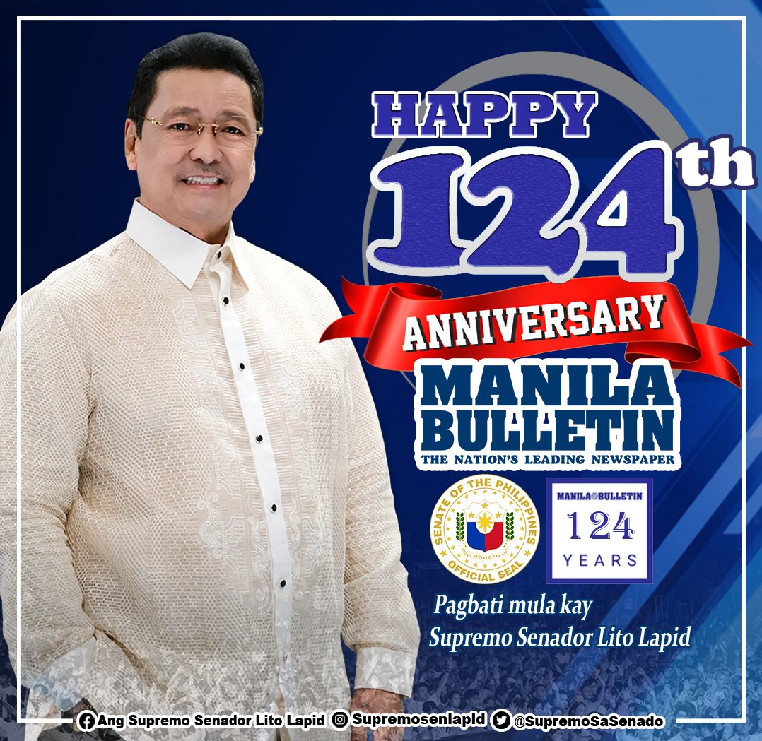 SupremoSenLapid's tweet image. Happy 124th Anniversary po sa mga kaibigan natin sa Manila Bulletin. 

 Nawa ay dumami pa ang inyong taon at patuloy kayong magtagumpay. Namamalagi pong kaisa ang ating tanggapan ng mabuting pagbabalita at malayang pamamahayag.

Mabuhay po kayo!

#senadorlitolapid #ManilaBulletin