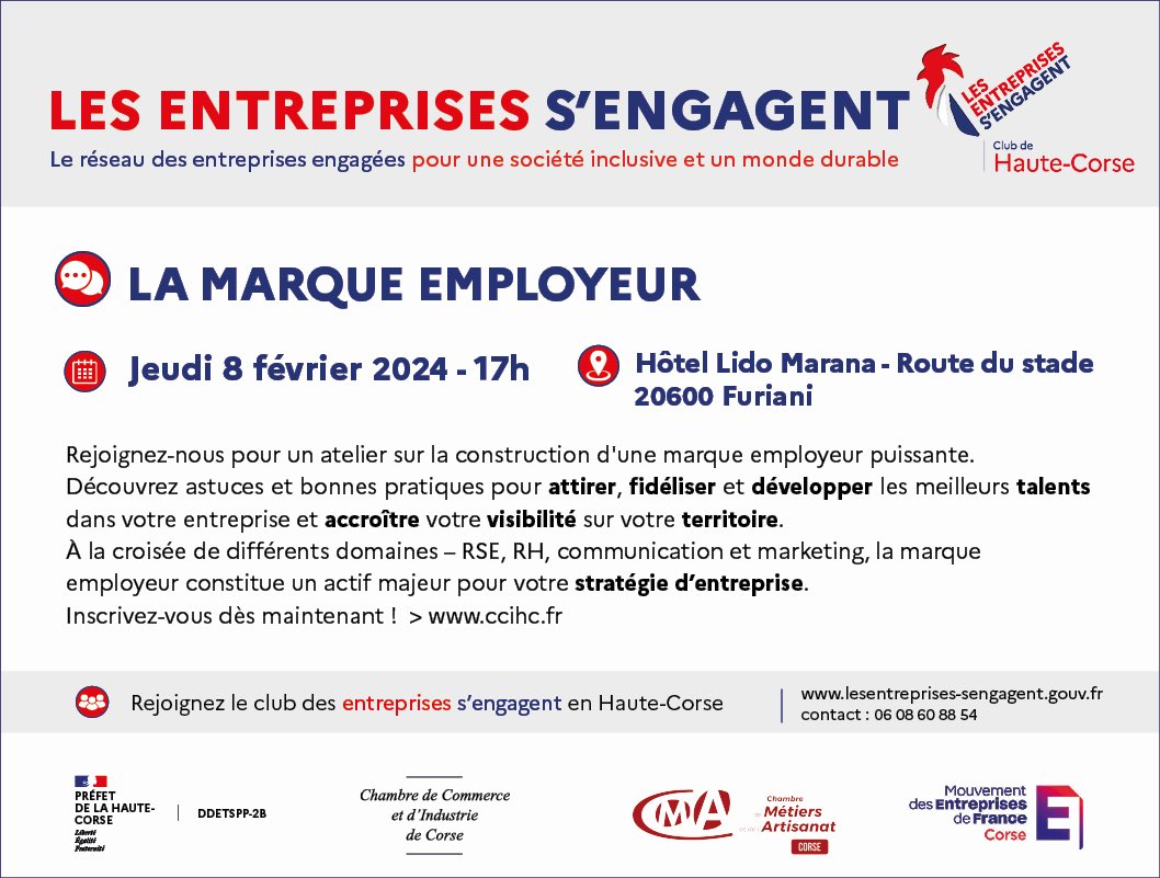 La marque employeur occupe une place cruciale au sein d'une entreprise, sur son recrutement, sur l’évolution de ses salariés et son image globale. Rejoignez l'atelier animé par <a href="/Pasquinette/">Pasquine ALBERTINI</a> le 8 février 2024 à Bastia et inscrivez-vous
➡️ lnkd.in/d37TQ8mN
@ccicorse