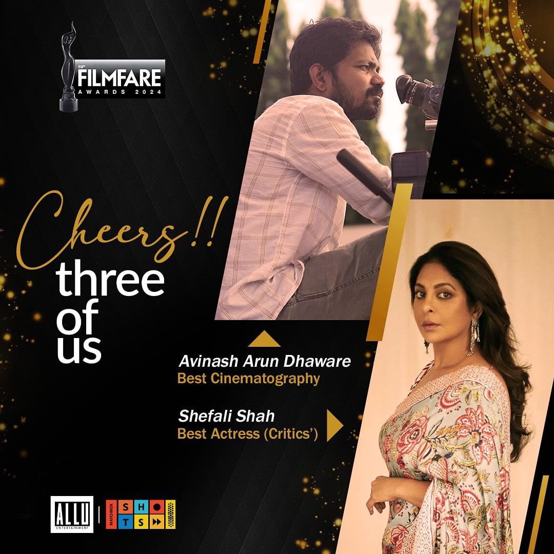 After winning hearts, now conquering awards!🏆 Hearty Congratulations to the winning Duo, @ShefaliShah_ on winning Filmfare for #ThreeOfUs in Best Actress Critics' Choice ❤️ & our amazing lens man #AvinashArunDhaware on winning Filmfare award in Best Cinematography category!…