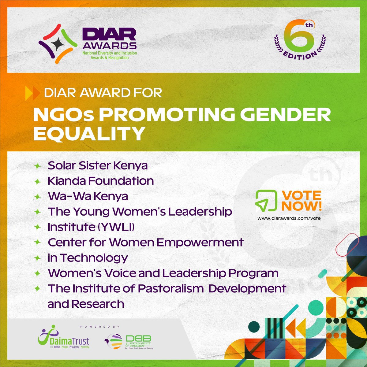 Vote NOW! Our partner @WAWAKenya1 has been nominated for the @DIAR_Awards in recognition of their efforts as NGOs promoting Gender Equality. To vote please click on the link below & go to Category 10 ⬇️ diarawards.com/diar-vote/