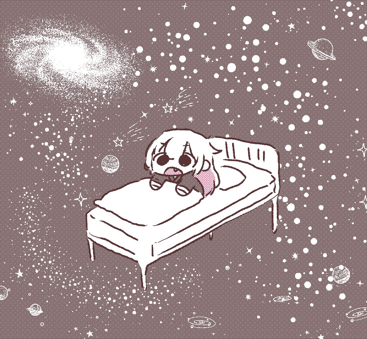 1girl space solo chibi bed open mouth pink hair  illustration images