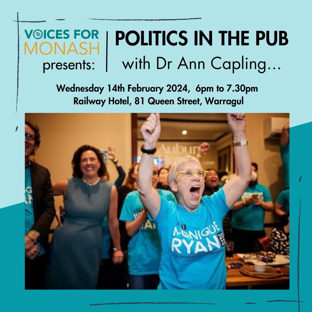 ForMonash's tweet photo. Politics in the Pub with Dr Ann Capling! 

Ann was the campaign director for Dr Monique Ryan's Kooyong campaign, which brought about one of the biggest upsets in Australian political history

Find out more &amp; RSVP here: https://t.co/LuPpPwBups

#warragul #independents #MonashVotes https://t.co/SsEeIavkXc