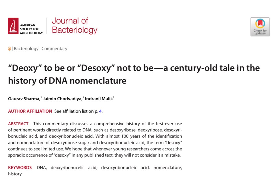 sharmaG30's tweet photo. Do you know everything about DNA? I am sure you know.

But do you know, D in DNA was originally abbreviated for ‘Desoxyribo’ and not the well known/used word ‘Deoxyribo’.
Read our latest commentary in Journal of Bacteriology.
https://t.co/9ggq0tTV85
@ASMicrobiology @JBacteriology https://t.co/xStTix3Dd9