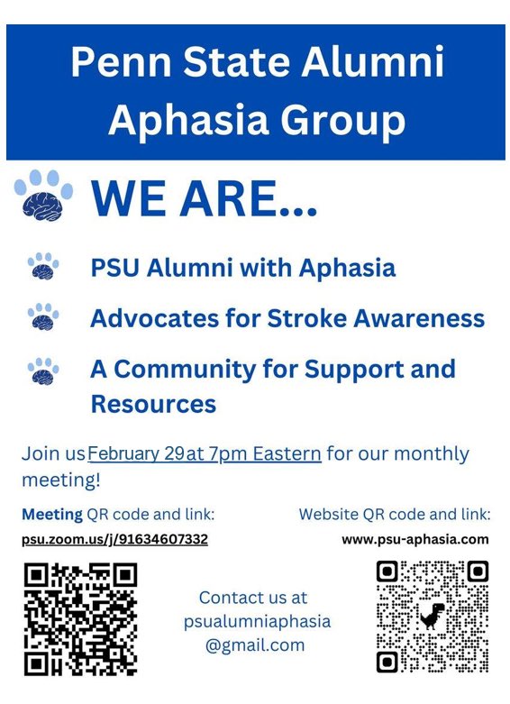 Penn State Alumni Aphasia Group (@psuaphasiaalums) on Twitter photo Hey <a href="/PennStateAlums/">Penn State Alumni</a> who have #aphasia or care for someone who does and <a href="/PennStateCSD/">PennStateCSD</a> #SLP alums in aphasia: Come to our next meeting! #weare excited to see you Thursday February 29th at 7:00! Please spread the word <a href="/ARCaphasia/">ARC AphasiaRecovery</a> <a href="/NatAphasiaAssoc/">Natl Aphasia Assoc</a> @AphasiaAccess Hey <a href="/PennStateAlums/">Penn State Alumni</a> who have #aphasia or care for someone who does and <a href="/PennStateCSD/">PennStateCSD</a> #SLP alums in aphasia: Come to our next meeting! #weare excited to see you Thursday February 29th at 7:00! Please spread the word <a href="/ARCaphasia/">ARC AphasiaRecovery</a> <a href="/NatAphasiaAssoc/">Natl Aphasia Assoc</a> @AphasiaAccess