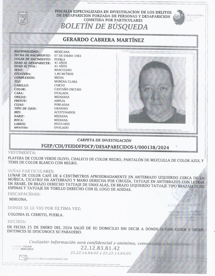 AlfaroGalan's tweet photo. ¿Me ayudan a compartir? 

#SeBusca a GERARDO CABRERA MARTÍNEZ, por favor cualquier información relacionada con su paradero, háganla saber al 2212 8381 42. https://t.co/BqIqcrZjDZ