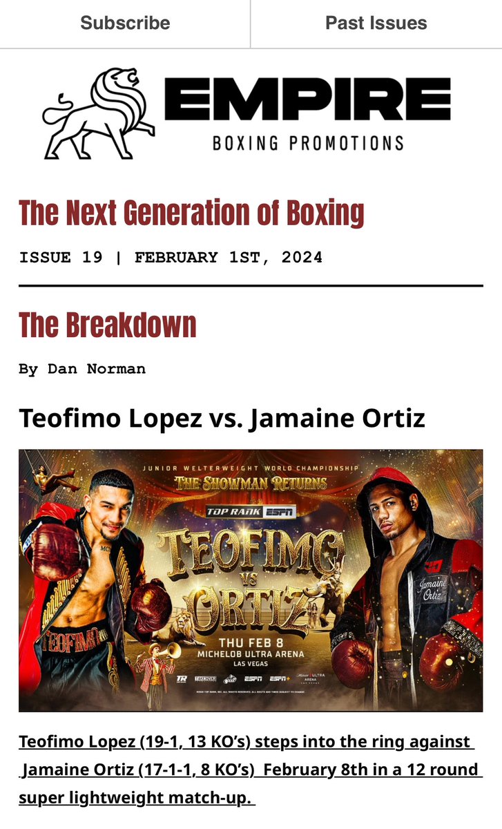 The Next Generation of Boxing - Issue # 19 out .
Subscribe now. Link here:
mailchi.mp/empireboxingen…
-
<a href="/BrickhouseVent1/">Brickhouse Ventures</a> 
<a href="/GrassJames/">James Grass</a> 
-
<a href="/TeofimoLopez/">Teofimo Lopez</a> 
-
#boxingnews #empireboxing #boxing