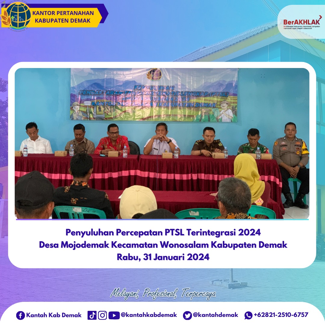 kantahdemak's tweet photo. Halo Rencang Demak!
Telah dilaksanakan Penyuluhan Pendaftaran Tanah Sistematis Lengkap (PTSL) tahun anggaran 2024 di Balai Desa Mojodemak Kecamatan Wonosalam pada Rabu, 31 Januari 2024.
#ATRBPNDemak
#Simerah
#SiapMelayanidenganRamahdanAmanah https://t.co/kcGLk3G1v7
