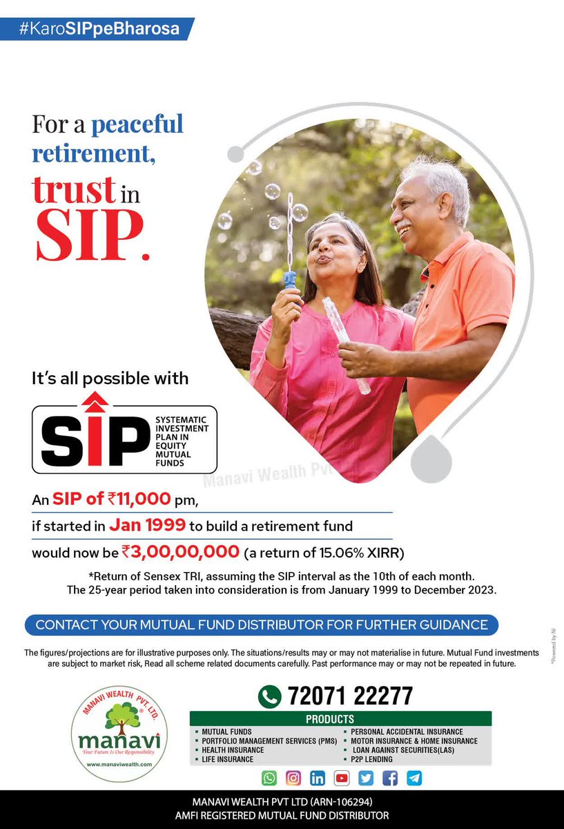 ManaviWealth's tweet image. Invest with SIP and watch your money grow, and enjoy an stress-free financial future and a peaceful retirement. 

Reach us to plan for a stress free life .. 

Watch this AV to know more 
youtu.be/x93Sh9mhZ1E?si…

#KaroSIPpeBharosa #ManaviWealth #ForFinancialFreedom