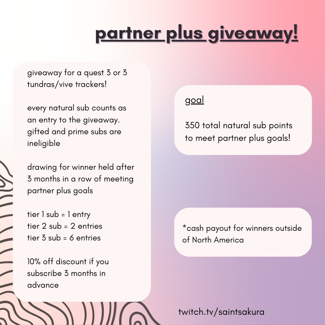 saintsakura_'s tweet photo. GIVEAWAY TIME❗️I am hosting a giveaway in order to reach partner plus goals on twitch. Requirements for entry detailed in the images. Basically subscribe to my channel for an entry! You can win a Quest 3 headset or 3 Full Body Trackers! Winners choice! https://t.co/uAzI2ZWv6r