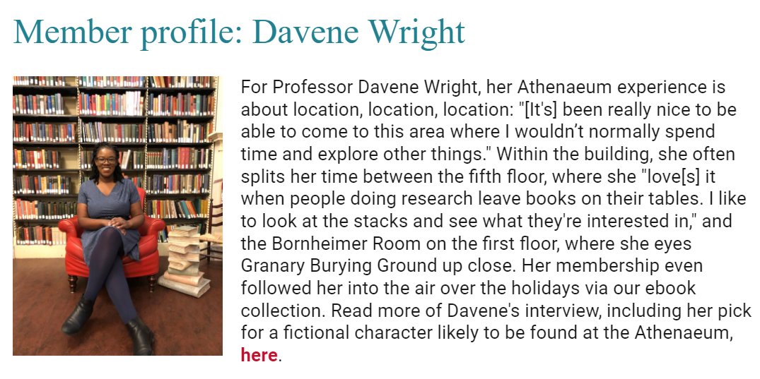 I am absolutely honored to be profiled in the latest @bostonathenaeum newsletter! Read the full post to learn more about the incredible place I go for...shhh-elf care.😂🤓 bostonathenaeum.org/blog/davene-wr… #ThirdPlace #ReadingIsFundamental