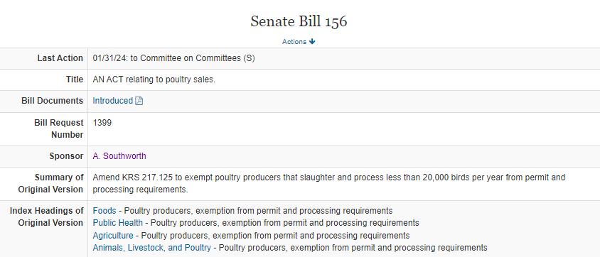 SB 156 is my Micro-Poultry Farm bill. If this became law, local farmers could slaughter their own chickens free of the permit and processing requirements of the big chicken farms. apps.legislature.ky.gov/record/24rs/sb…