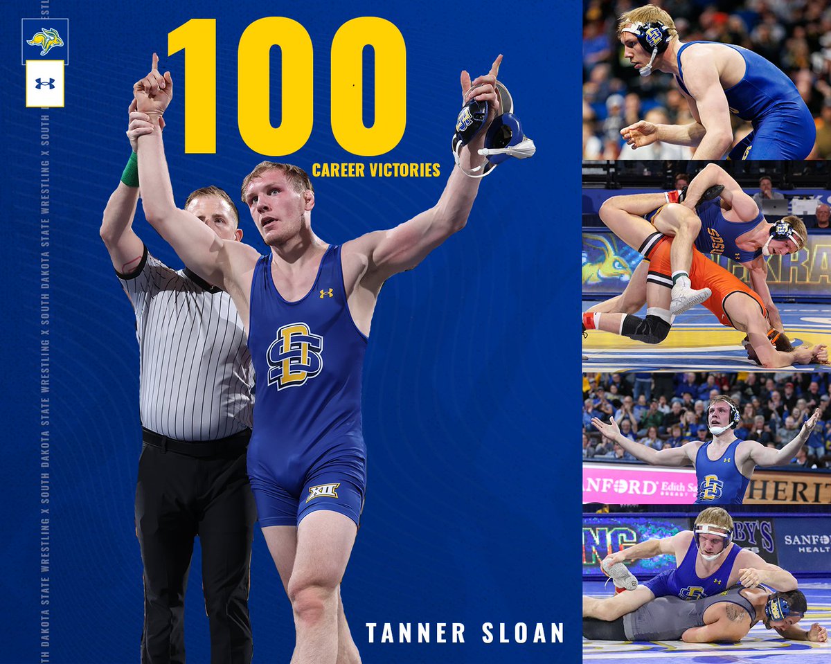 GoJacksWrestle's tweet photo. Tanner Sloan has just won his 100th career match, notching a fall in 1:23 against Tyce Raddon (WYO) ... Sloan is the 16th Jackrabbit wrestler to reach the milestone
#GetJacked https://t.co/5SQQBBGPwq