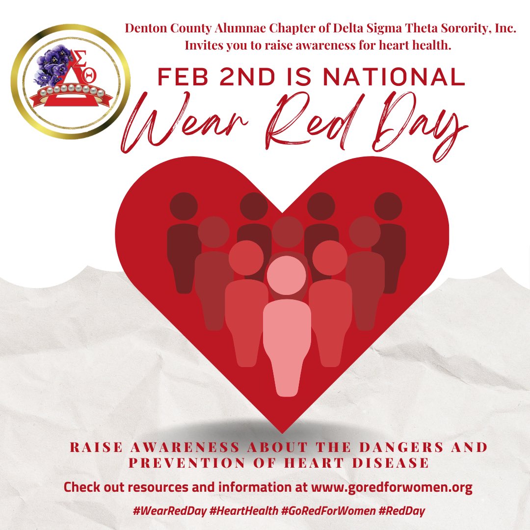 The Denton County Alumnae Chapter invites you to wear RED on February 2nd for National Wear Red Day to raise awareness for womens heart health.   ❤️♥️ Check out these resources and information on how to prevent heart disease. nhlbi.nih.gov/heartmonth