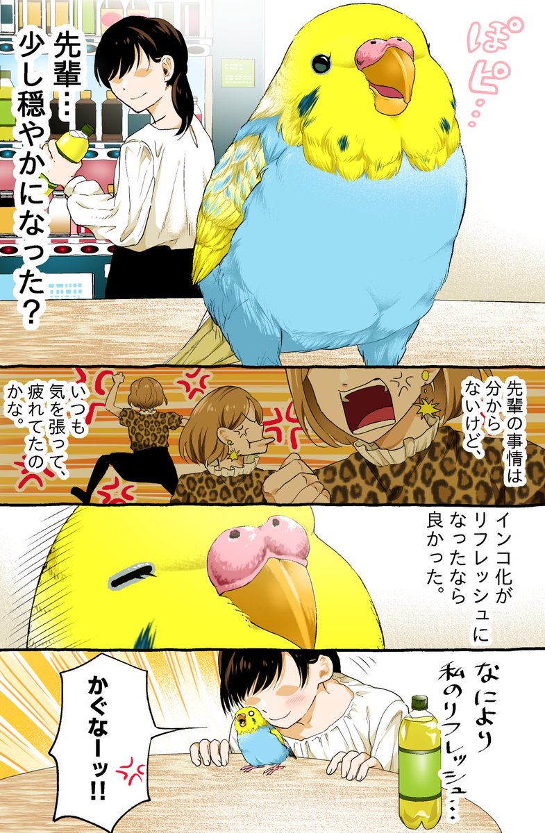穏やかになった先輩。
--
「いじわる先輩、インコになった!? by初丸うげべそ @ugebes0 」 #ヤメコミ #4コマ #インコ
▼初丸うげべそさんの過去作品
https://t.co/mHL4XKiWRF 