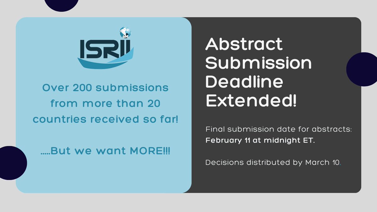 TheISRII's tweet photo. There has been a fantastic response to the call for abstracts for #ISRII12 (Limerick, Ireland June 2-5, 2024)

...but we didn't want anyone to miss out...

So we have EXTENDED THE #ISRII12 SUBMISSION DEADLINE  to Feb 11th 11:59pm (ET)!!

Submit now at https://t.co/OFqRYCX3NC https://t.co/ueZ88ugMdN