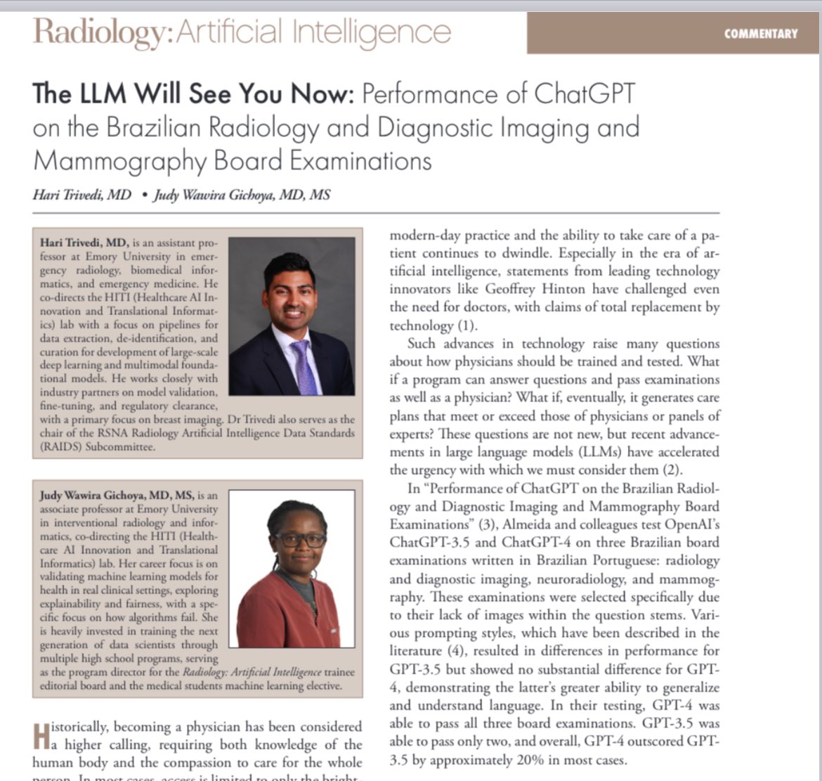 Thanks, @HariTrivediMD and @judywawira, for your thoughtful comments about what it means to be a doctor and the chasm between passing a test and handling complex clinical scenarios. pubs.rsna.org/doi/10.1148/ry… #RadAI #LLMs