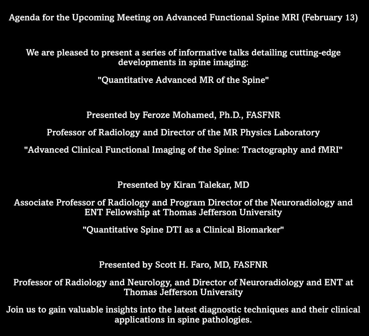 🔬 Join the PRRS's upcoming meeting on Advanced Functional Spine MRI. An evening of knowledge, networking, and a special memorial lecture. Perfect for #Radiology professionals from Philadelphia, and beyond. Don't miss out! 📅 Feb 13, 5:15 PM 📍@JeffersonRads