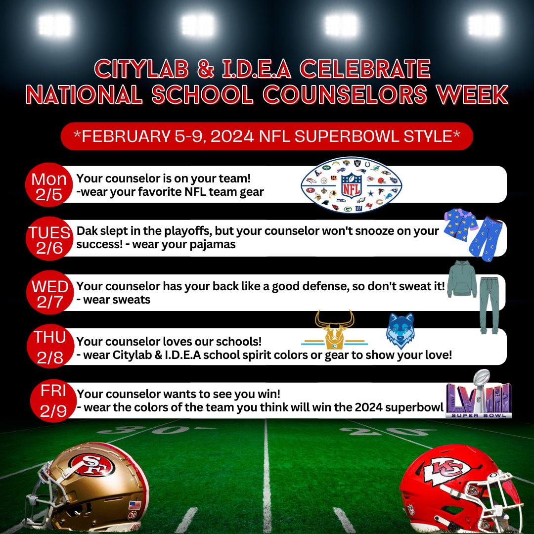 Get ready to celebrate not only National Counselors Week but Super Bowl Week @IDEA_at_Fannin @CityLabHS next week! @RubyRamirezDISD @TransformDISD