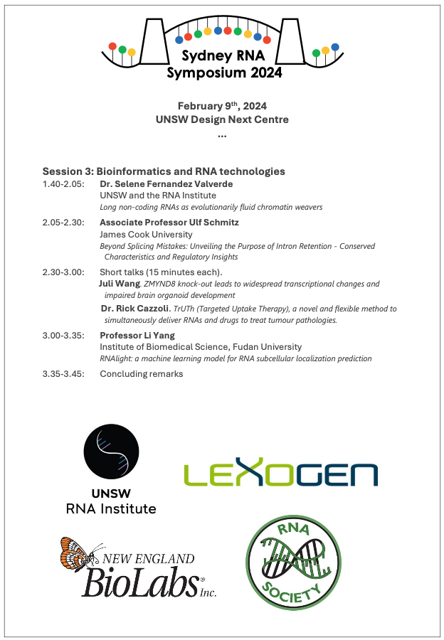 Sydney RNA Salon (@sydneyrnasalon) on Twitter photo Sydney #RNA community 📢 Join us this coming February 9th for this year's Sydney RNA Symposium!
Check out our ✨national & international speaker line up👇
Register here: forms.gle/TDrZWgnLqXuKjv…
Thanks to our kind sponsors <a href="/lexogen/">Lexogen</a> <a href="/NEBiolabs/">New England Biolabs</a> <a href="/UNSWRNA/">UNSW RNA Institute</a> <a href="/RNASociety/">The RNA Society</a> Sydney #RNA community 📢 Join us this coming February 9th for this year's Sydney RNA Symposium!
Check out our ✨national & international speaker line up👇
Register here: forms.gle/TDrZWgnLqXuKjv…
Thanks to our kind sponsors <a href="/lexogen/">Lexogen</a> <a href="/NEBiolabs/">New England Biolabs</a> <a href="/UNSWRNA/">UNSW RNA Institute</a> <a href="/RNASociety/">The RNA Society</a>