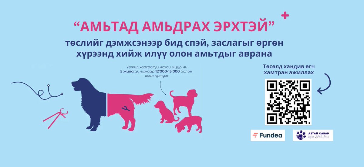 We are raising funds by uploading our projects on Fundea.mn 🙏🐾
Help tackle Mongolia's nationwide issue of uncontrolled pet breeding! Our project trains local vets in sterilization to curb stray animal numbers. Gratitude to donors! Scan the QR code to contribute🐾