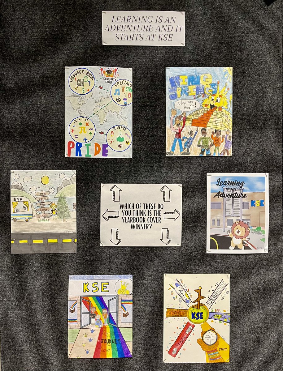 merryksart's tweet photo. 5th Grade Yearbook Cover Design Contest @KSpringsLions. “Learning is an Adventure and it Starts at KSE”. These look amazing and I can’t wait for winner to be revealed w/5 runner-ups go on the back cover! @CobbSchools #ksePRIDE #cobbartrocks #artsedGA https://t.co/YVRdPn6bUf