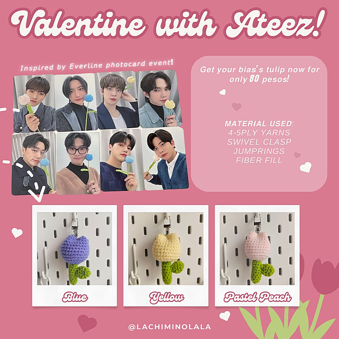 ୨୧𝘽𝙀 𝘼𝙏𝙀𝙀𝙕'𝙎 𝙑𝘼𝙇𝙀𝙉𝙏𝙄𝙉𝙀𝙎୨୧

𝙂𝙚𝙩 𝙮𝙤𝙪𝙧 𝙗𝙞𝙖𝙨'𝙨 𝙩𝙪𝙡𝙞𝙥 𝙣𝙤𝙬 𝙛𝙤𝙧 𝙤𝙣𝙡𝙮 80 𝙥𝙚𝙨𝙤𝙨!

𝙈𝙊𝙋: Gcash payo
𝙈𝙊𝘿: j&amp;t
𝙇𝙊𝘾: Bataan

𝙍𝘾𝘽𝙔𝙏: lachiminolala.carrd.co/#one

💌 wts lfb ateez ph crochet anik anik tulip keychain