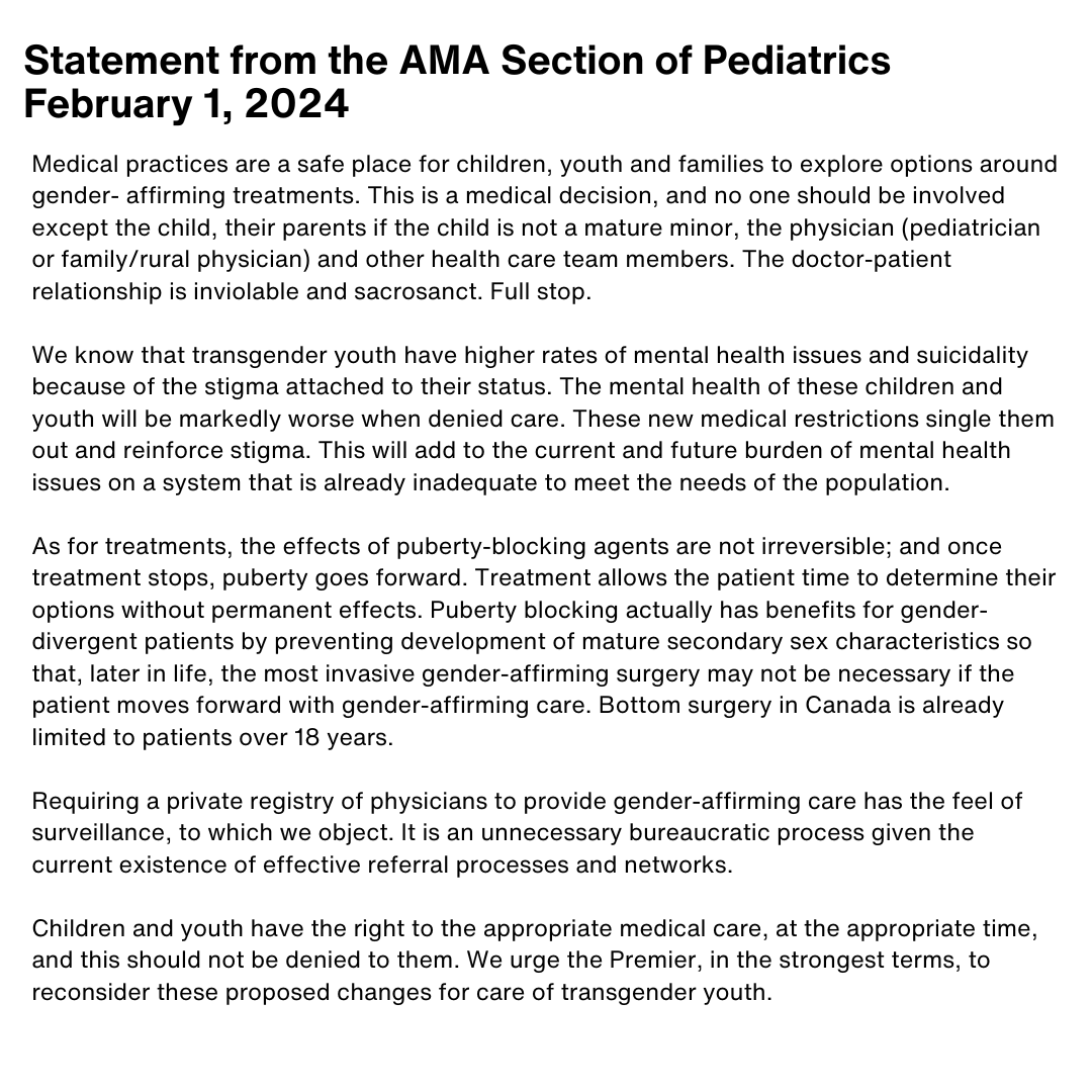 Statement from the AMA Section of Pediatrics regarding government proposal to restrict medical treatments available to pediatric patients who identify as trans gender