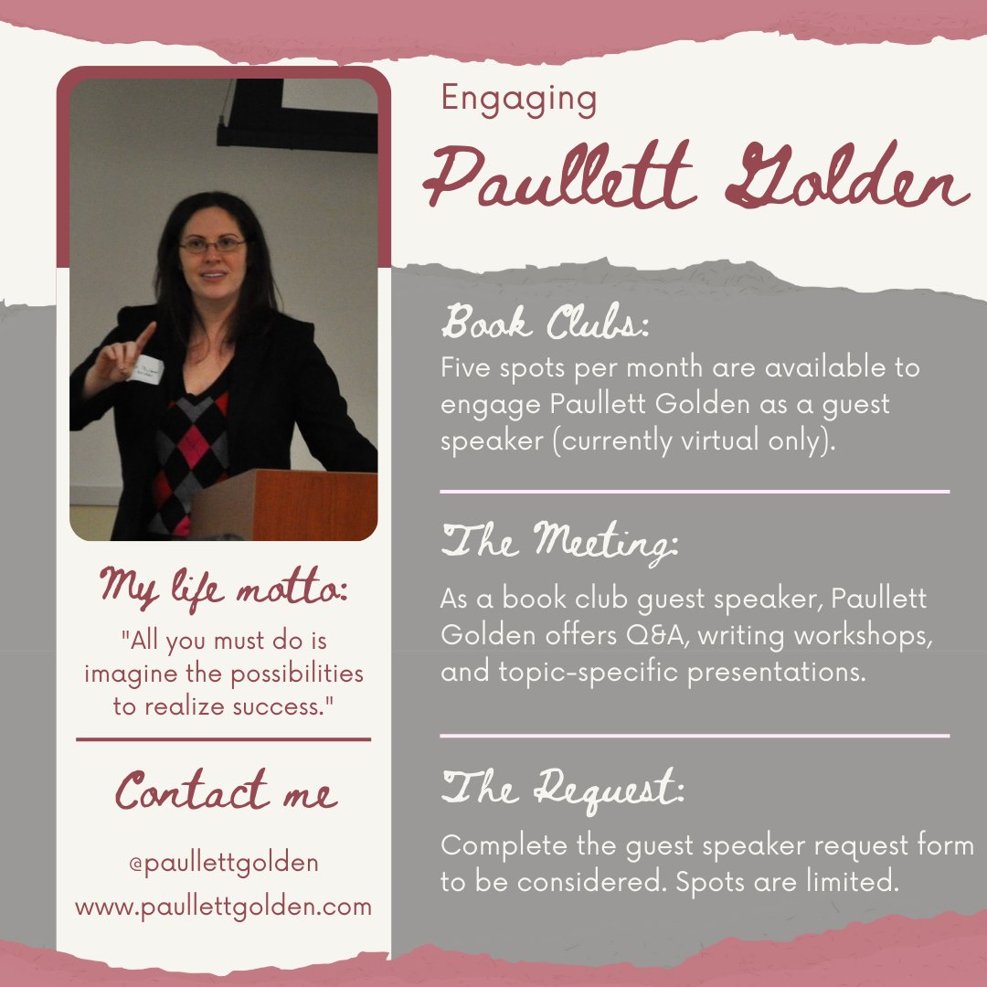 PaullettGolden's tweet image. Only one availability this month for the virtual Q&amp;amp;A (or workshop). Open to book clubs, writing groups, classrooms, and libraries. 

paullettgolden.com/requestform

#paullettgolden #writinggroup #authorguestspeaker #georgianromance #regencyromance #bookclubs #historicalromance