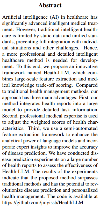 _reachsumit's tweet photo. Health-LLM: Personalized Retrieval-Augmented Disease Prediction Model

Proposes a framework integrating LLMs and medical expertise to enhance exploitation of health reports for disease prediction and preventative care.

📝https://t.co/FeFimU3rxz
👨🏽‍💻https://t.co/lQDElymqmd https://t.co/3Vyz8u5bgn