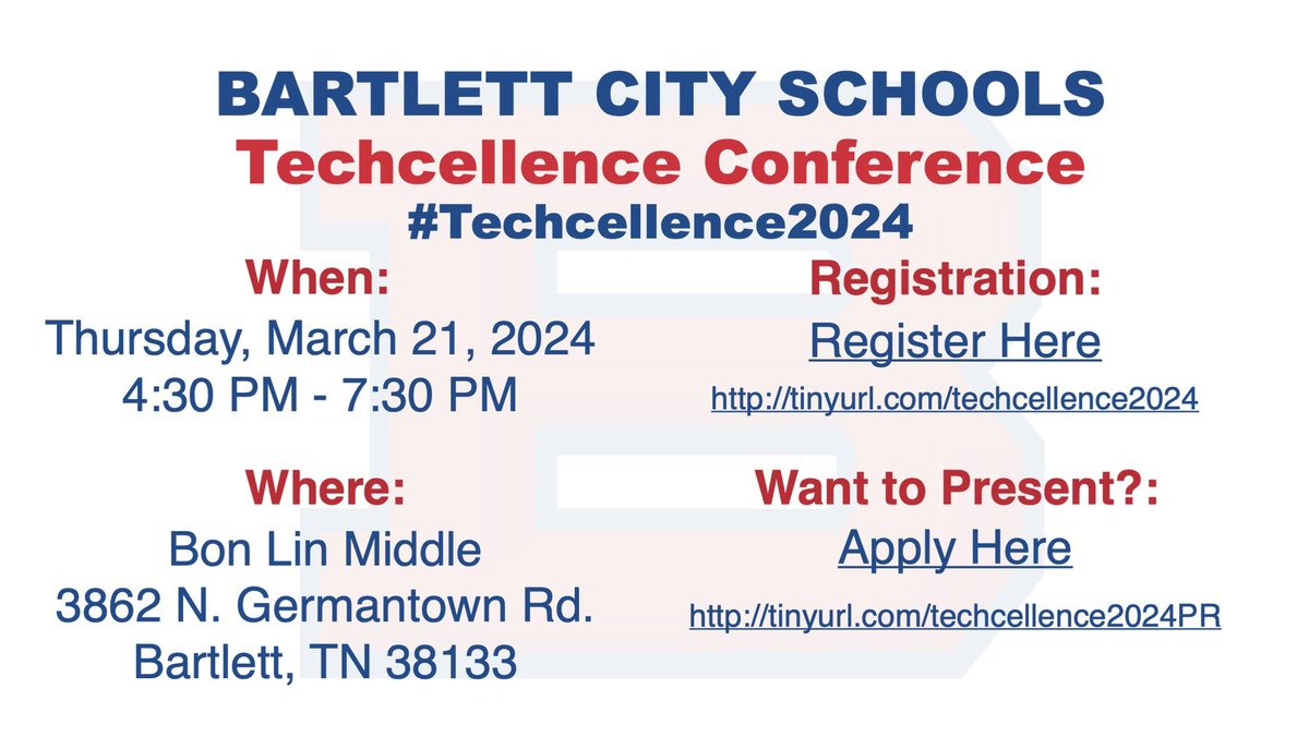 AREA EDUCATORS:  Join us for the 7th annual Bartlett City Schools Techcellence Conference!

Registration: tinyurl.com/techcellence20…
Apply to Present by March 17th: tinyurl.com/techcellence20…