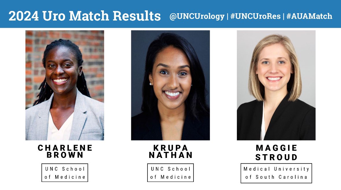 We could not be more excited to welcome @charlene_brown_, Krupa Nathan, & Maggie Stroud as our class of 2029!! 🚀🚀🚀 #UrologyMatch med.unc.edu/urology/match-…
