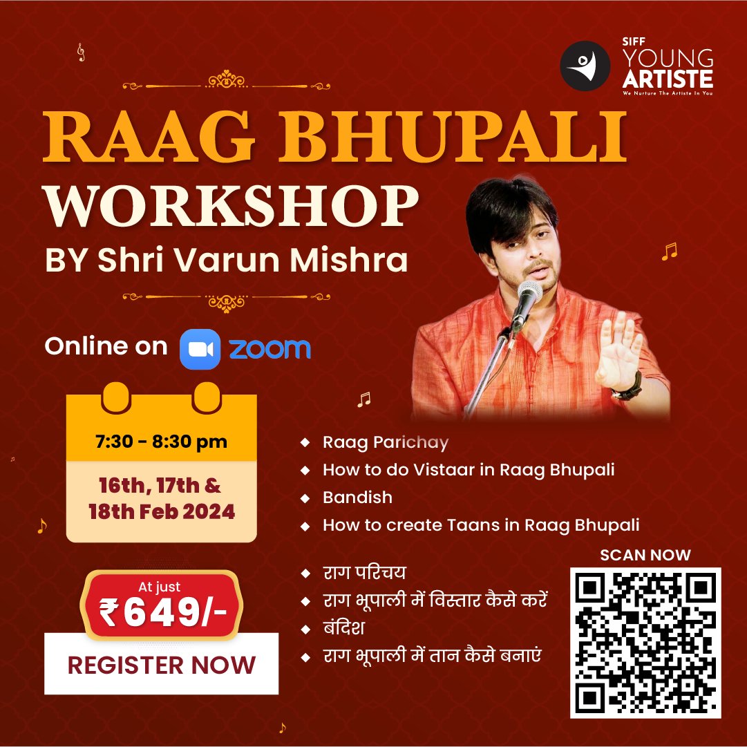 We are thrilled to announce an upcoming workshop that promises to be a unique and enriching experience!
Mark your calendars for the 16th, 17th, and 18th of February 2024. Scan and Register Now!!
#hindustanimusic #raag #online #workshops #learning