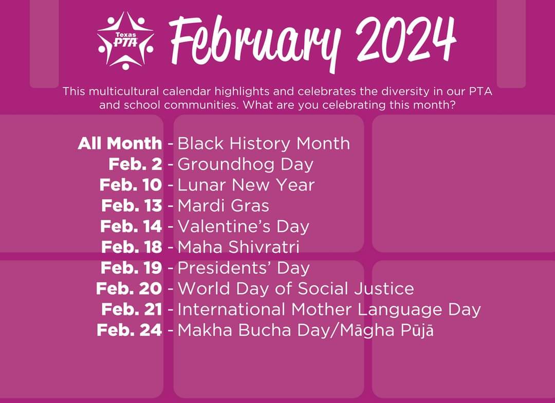 What are you looking forward to celebrating this month? 📆 This multicultural calendar list highlights and recognizes the diversity in our PTA &amp; school communities for February 2024.

Visit txpta.org/dei for more diversity and inclusion resources, tips, and tools!
