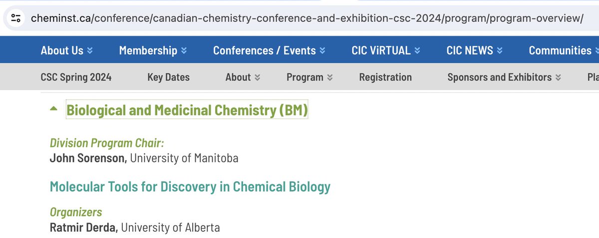 Calling all Chemical Biologists in Canada and beyond. Submit your abstracts to the Canadian Society Conference (CSC) in June 2024. Deadline Extended to Feb 6. Check out the Chemical Biology session organized by myself and Fred Menard (UBC)
cheminst.ca/conference/can…