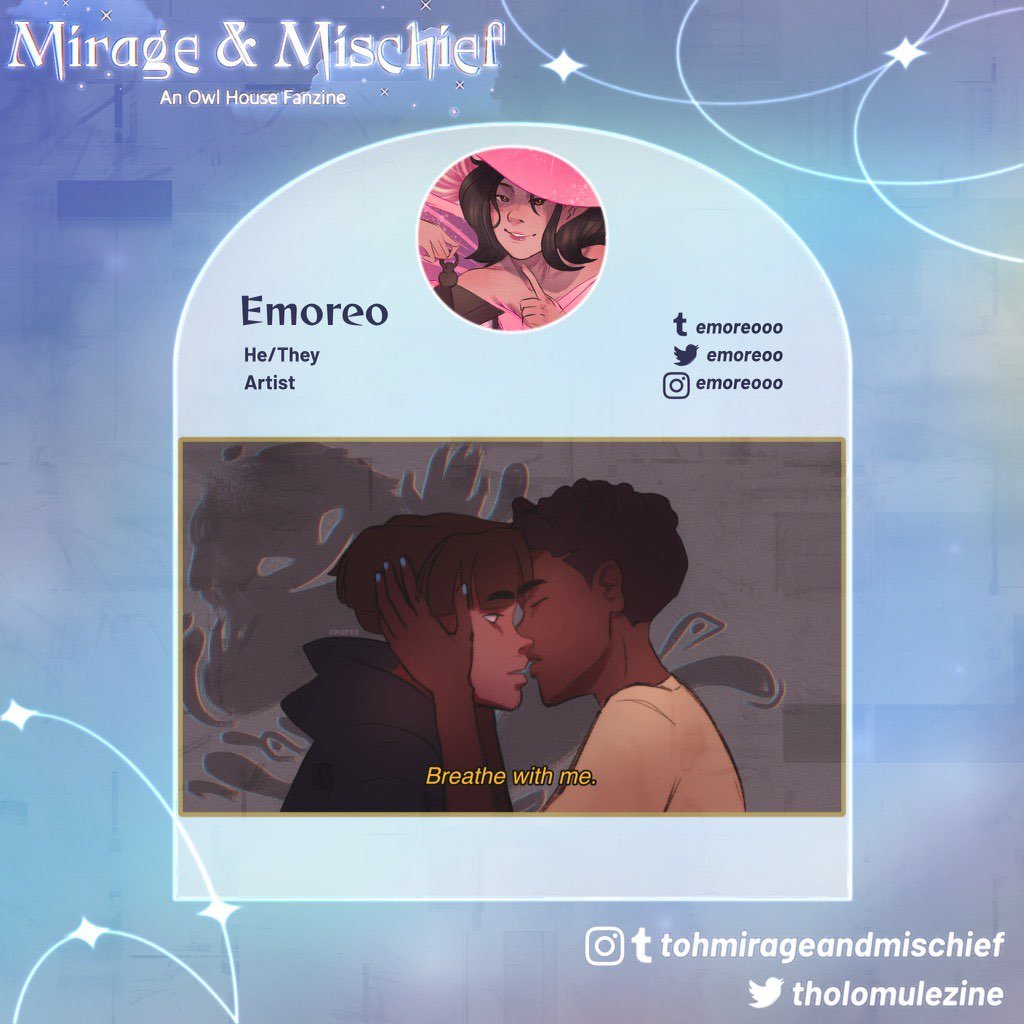 Introducing Emoreo, one of the lovely artists for Mirage &amp; Mischief! 💙
Check him out on Instagram as emoreooo , Tumblr as emoreooo and Twitter as emoreoo!
•
⚔️👊🏾🪞
•
#TheOwlHouse #tohfanzine #gusporter #mattholomule #stevetholomule