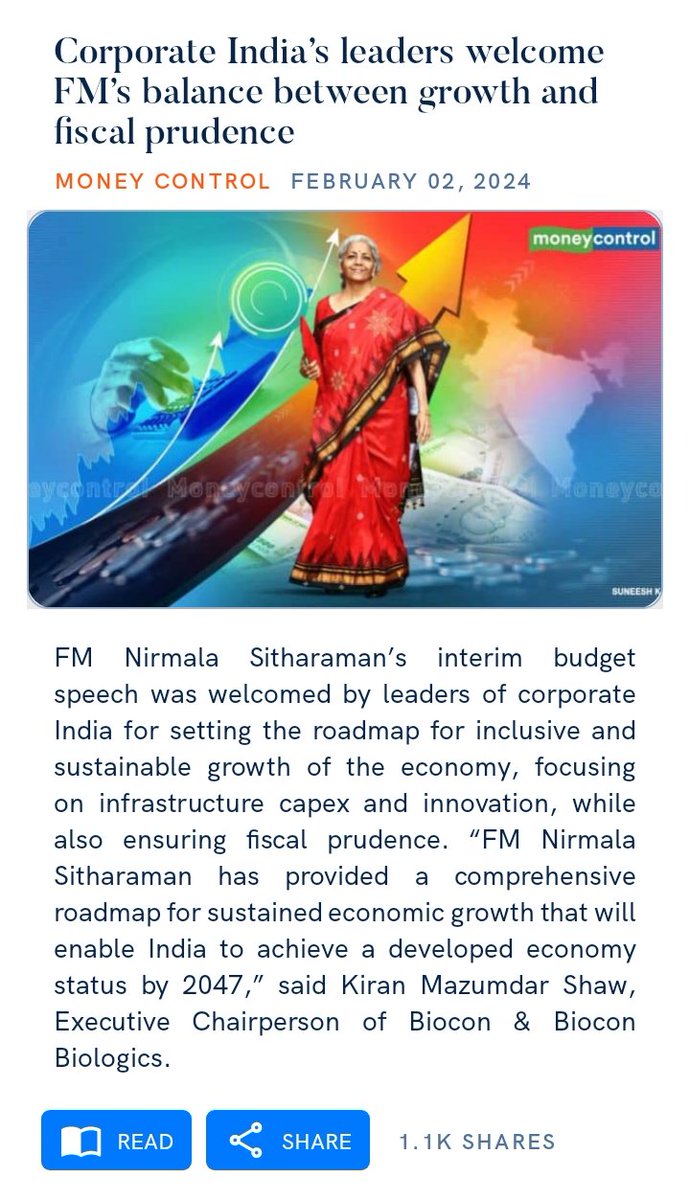 #InterimBudget2024 #CorporateIndia #NirmalaSitharaman

Corporate India’s leaders welcome FM’s balance between growth and fiscal prudence
moneycontrol.com/news/business/…