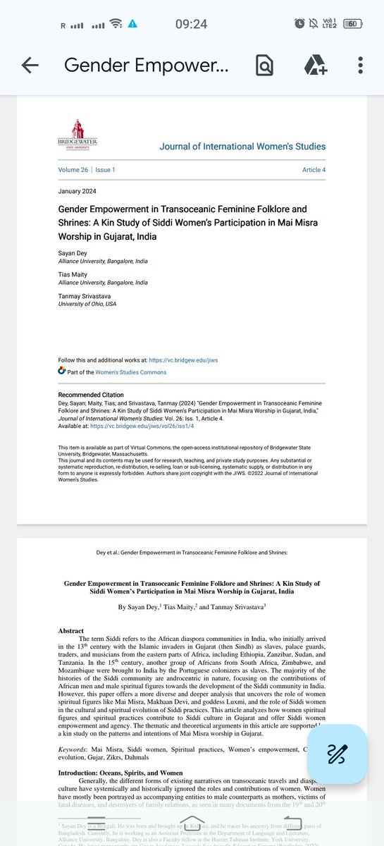 The JIWS Fellowship project on transoceanic folkloristic practices by the Siddi women in Gujarat that was awarded to me has come to a warm and humble conclusion through the publication of a collaborative article with the journal. Link: vc.bridgew.edu/jiws/vol26/iss…