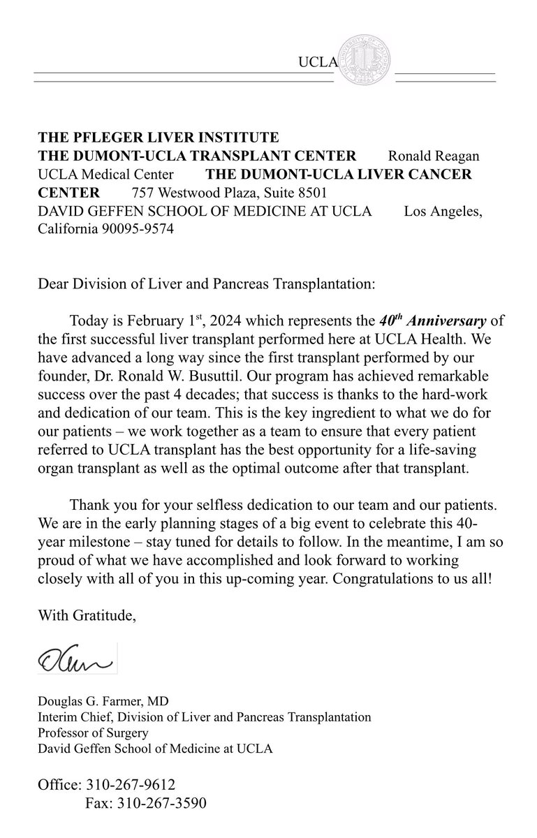 Today is the big 4-0 for the adult liver transplant program at @dgsomucla and @UCLAHealth @UCLASurgery