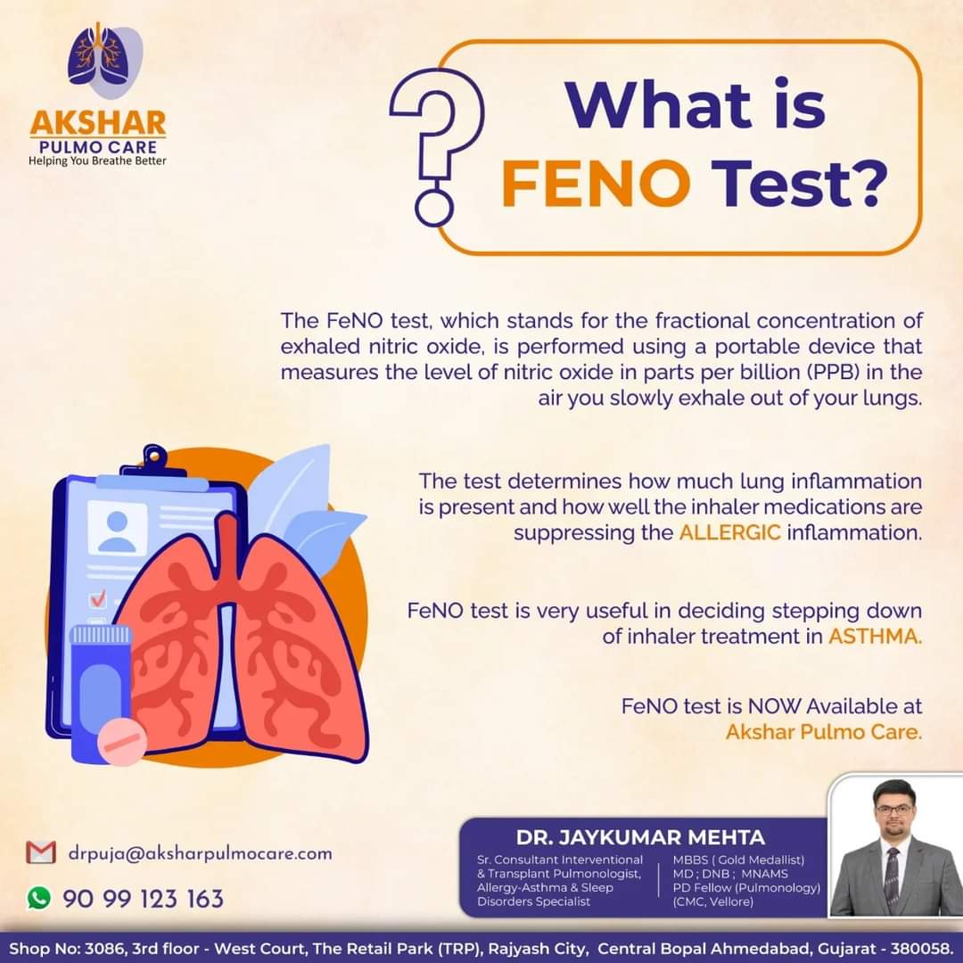 What is FeNO test?

#FeNo #helplinenu9099123163 #JaykumarMehtaInterventionalPulmonologist #aksharpulmocare #helpingyoubreathebetter #BreatheBetter #pulmonologist