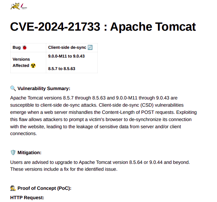 Bug Report as Document

Apache Tomcat :
• 🐞 BUG: HTTP Request Smuggling
• 📄 CVE ID: 2024-21733 | CWE: 444

Detailed Documentation : vulncure.com/cve-2024-21733/