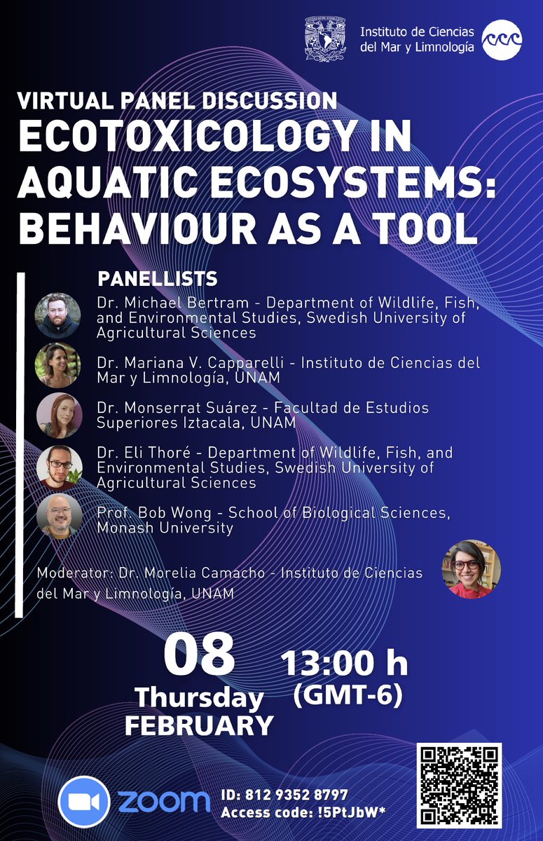 Announcing our upcoming virtual panel discussion: 'Ecotoxicology in aquatic ecosystems: behaviour as a tool'! Join us Feb 8 at 13:00h (GMT-6) to hear from @mo_cace, @marivcap1, Monserrat Suárez, @EliSJThore, @BBM_Wong, and me! Organised by @UNAM_MX 🇲🇽 and @SLUwildresearch 🇸🇪