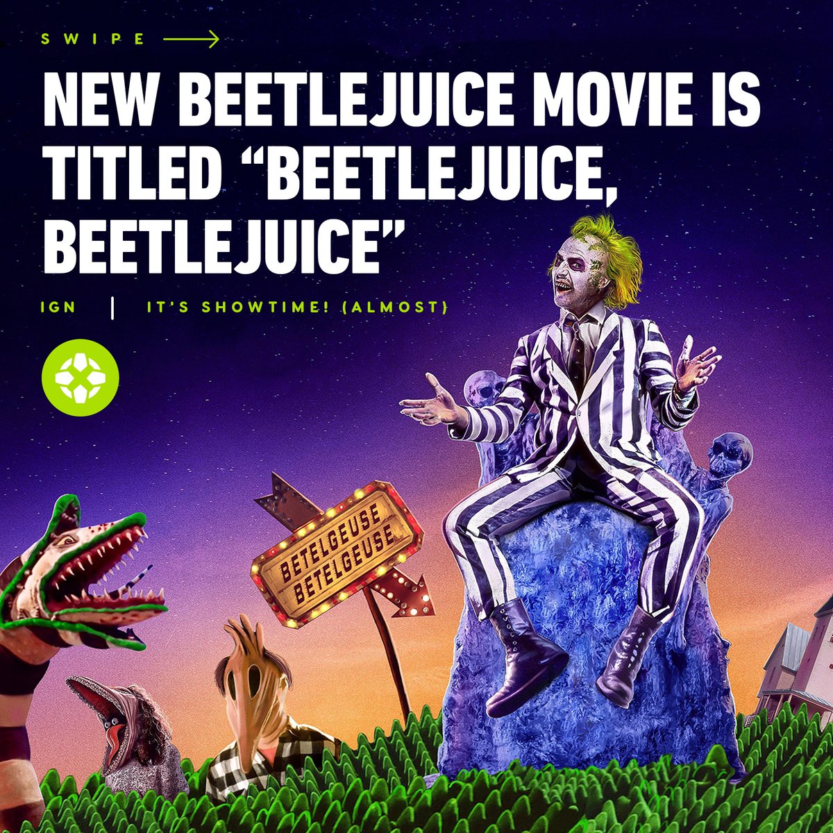 IGN's tweet photo. Michael Keaton, Winona Ryder, and Catherine O’Hara are set to reprise their roles in Beetlejuice Beetlejuice, the highly anticipated sequel to the 1988 classic, which also got a new poster as well as an official title. https://t.co/1ccra3oLcQ https://t.co/6cPJhWq0D6