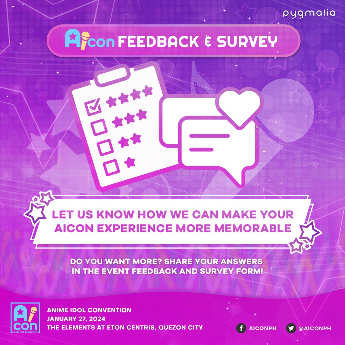 AIConPH's tweet photo. Let us know what we can improve to make AICon more enjoyable and memorable for YOU! 🌟 

Simply answer the form below to tell us how we can make @PygmaliaPH's events better and what you want to see in the future. 

https://t.co/nHFsPpyxzA https://t.co/9SCuhrA57C