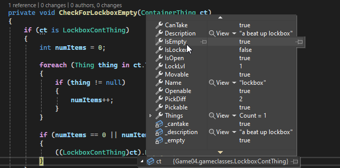 Raarge's tweet photo. #textgames Working on the Adventure Game. Tonight's work checks to see if a lockbox is empty when you remove things from it. This is setting the box up to be dismantled and removed from the game. Needs to be empty before its deleted. #100DaysOfCode #CodeNewbie #csharp https://t.co/F8sLkNKSn1