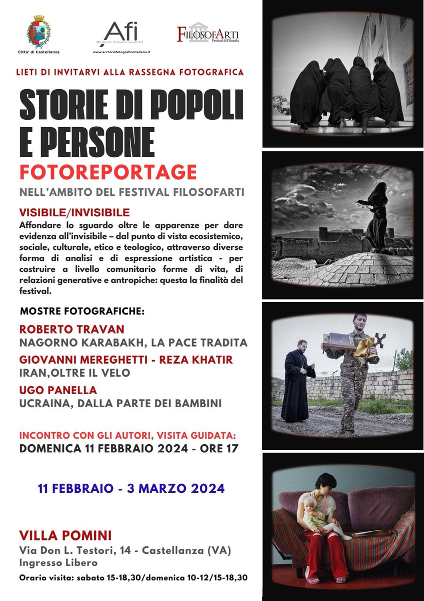 Villa Pomini di Castellanza

DOMENICA 11 FEBBRAIO 2024 alle ore 17.

Le persone che si prenoteranno, riceveranno in omaggio un libro fotografico della Collana Afi. 
Prenotazioni: e-mail: afi.fotoarchivio@gmail.com / Whatsapp  333 3718539