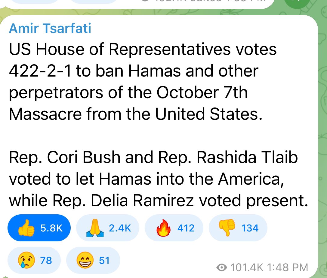 DovorahDovorah1's tweet image. Literally voted FOR HAMAS to be allowed in our country. @RepCori @RashidaTlaib @StopAntisemites #StopJewHate 

Hamas.