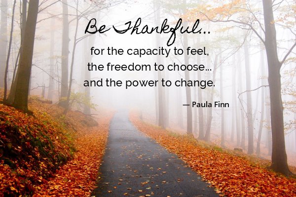 Be thankful for the capacity to feel, the freedom to choose… and the power to change. ~ Paula Finn