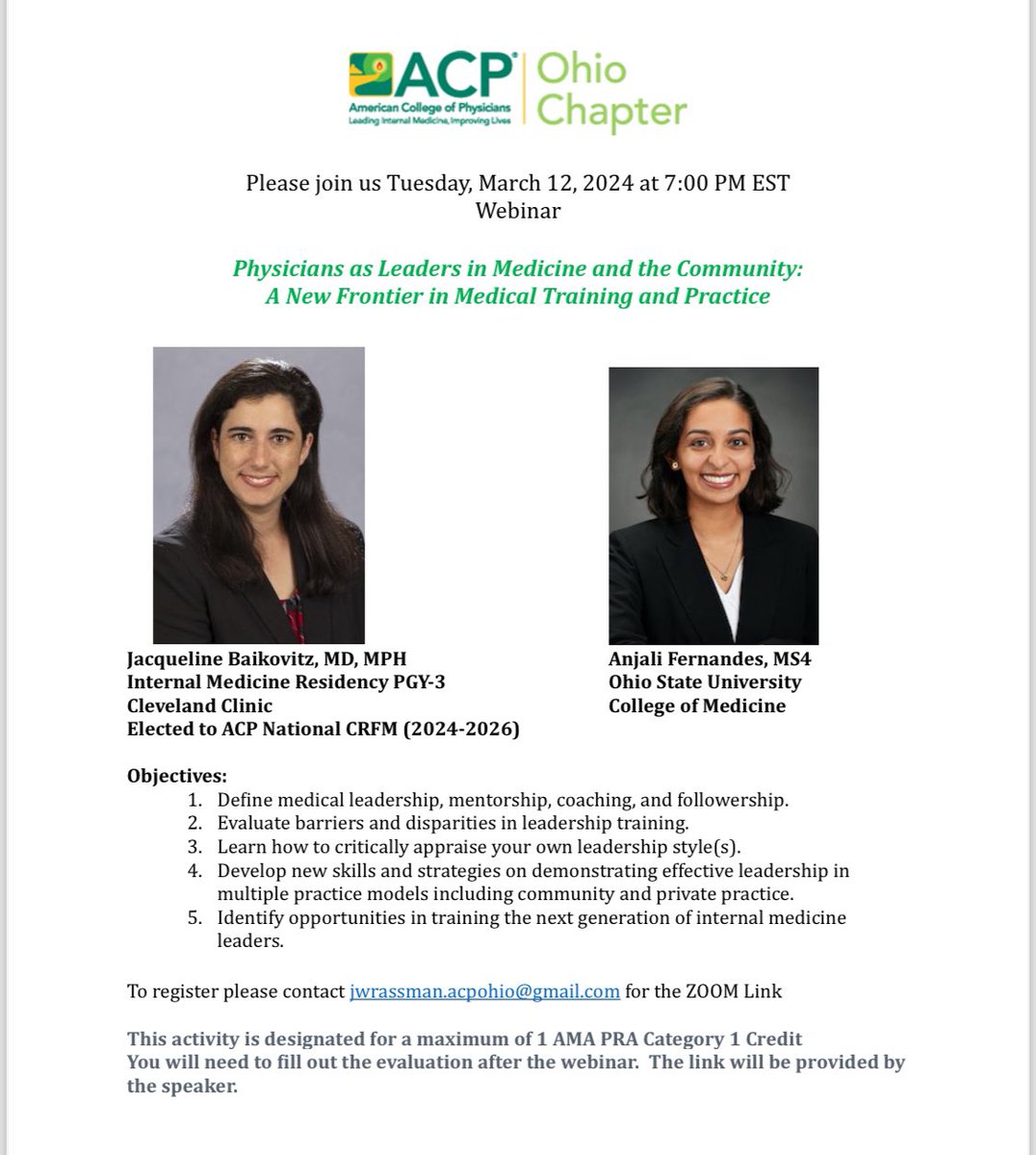 medpedshosp's tweet photo. Please join @OhioAcp March webinar cosponsored by Councils of Residents and Fellows Members and Medical Student Members. @jacquelinumab and Anjali Fernandes will speak on "Physicians as Leaders in Medicine and the Community" @ACPIMPhysicians @EileenBarrettNM @DarilynMoyer @CCF_IMCHIEFS @Mud_Fud @BillFoxMD