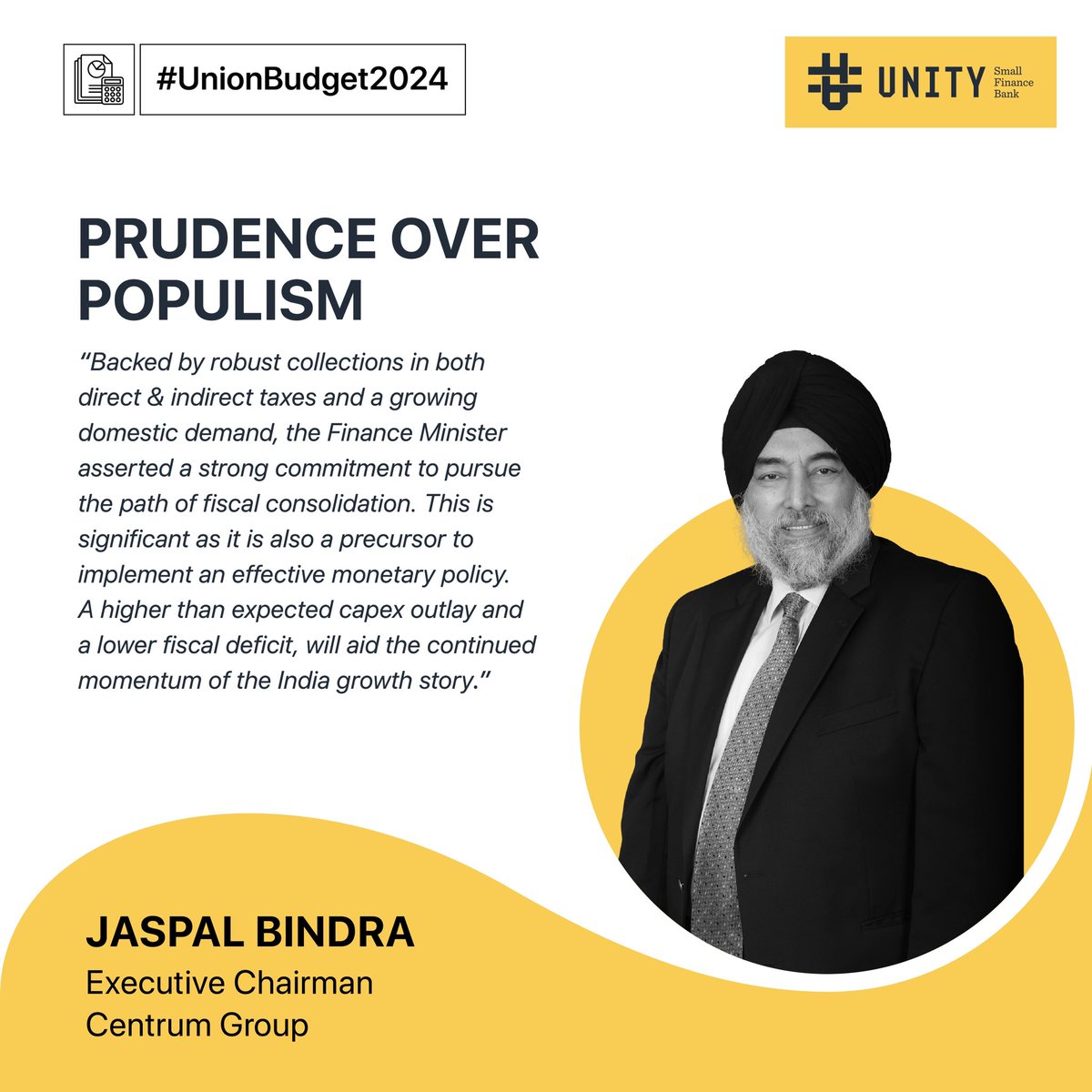 UnitySFBank's tweet photo. #UnionBudget2024 

Catch our Board of Director, and Executive Chairman of Centrum Group Mr. Jaspal Bindra share his views on the Union Budget 2024. 

To read more: https://t.co/7Dr2AfoIfP

Centrum India 

#ViewsOntheBudget #UnionBudget2024 #UnitySFB https://t.co/GovWLwF8jy